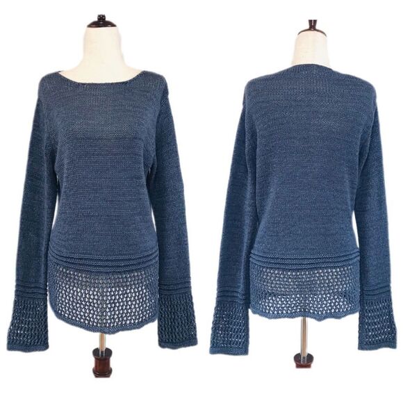 BCBGMaxAzria Blue Open Weave Tunic Sweater Long Sleeve Semi Sheer Size Large - Picture 1 of 9